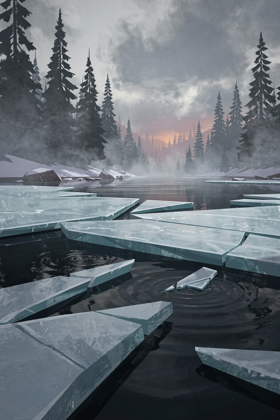 Frozen river with broken ice sheets